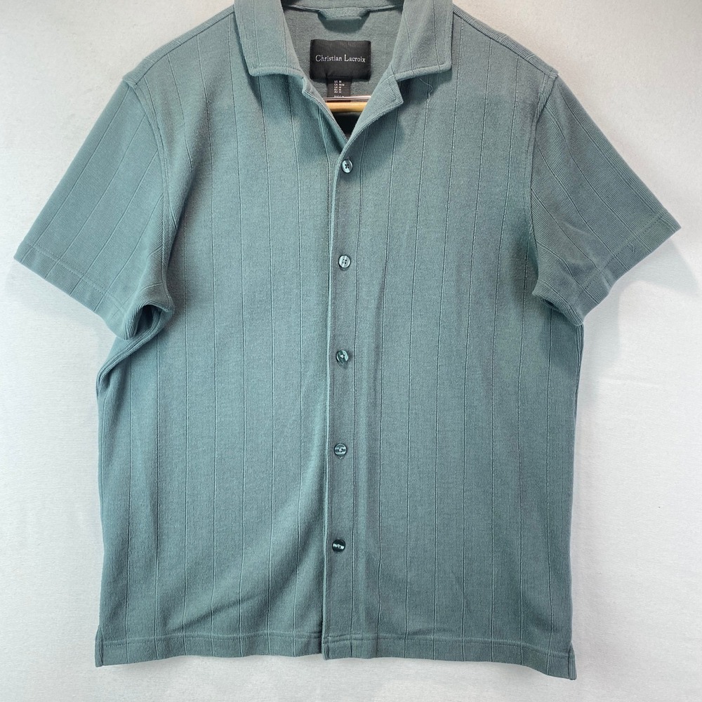 Christian Lacroix Ribbed Knit Button Up Mens M Sage Green Short Sleeve Shirt